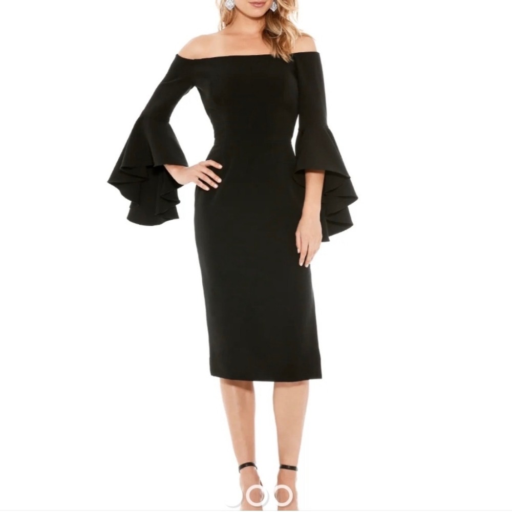 NWT Milly Italian Cady‎ Selena Slim Dress Black Off Shoulder Bell Sleeve Midi 2